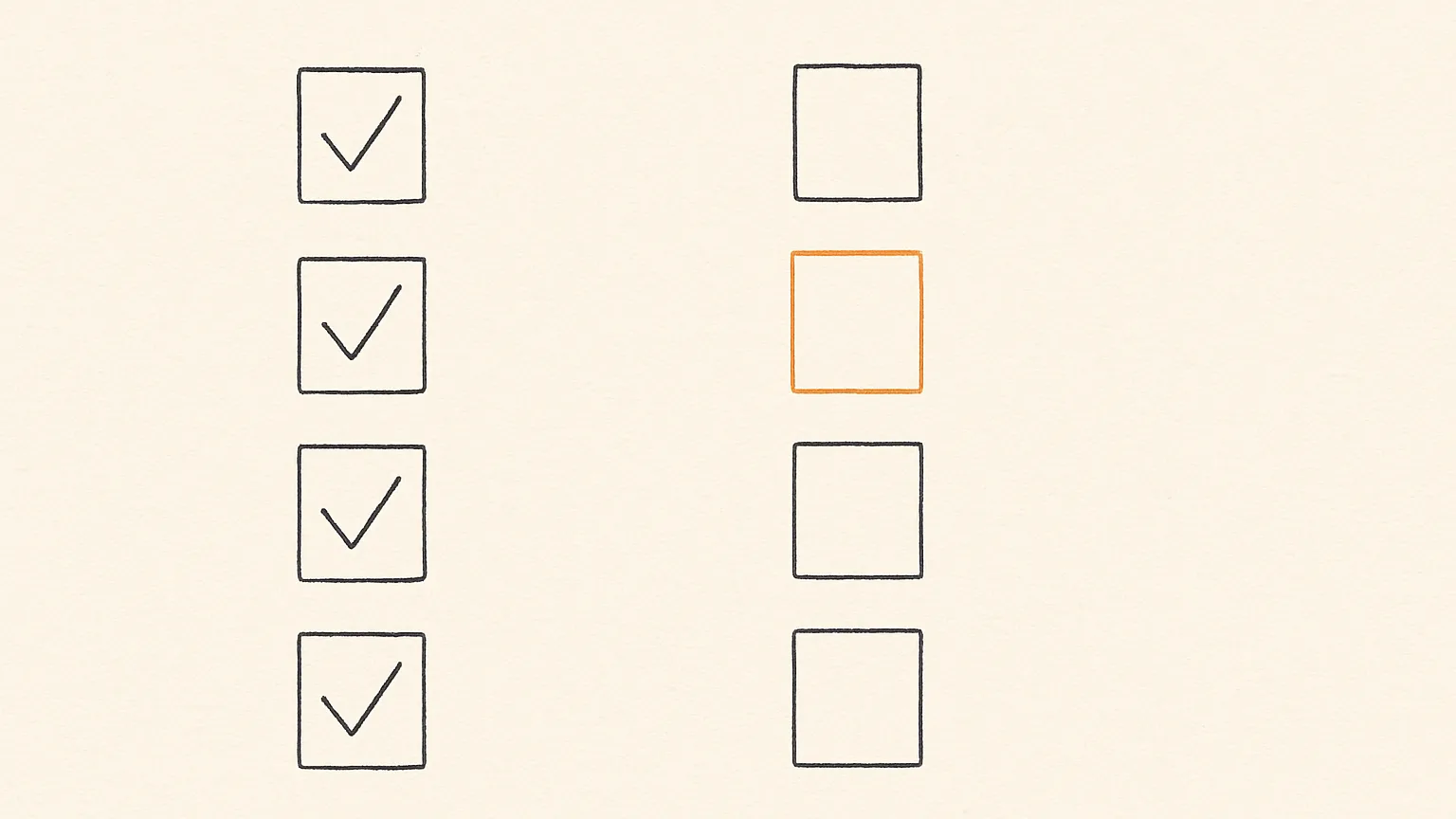 Acht Kästchen einer Checkliste, vier sind abgehakt, ein noch offenes Kästchen ist orange hervorgehoben