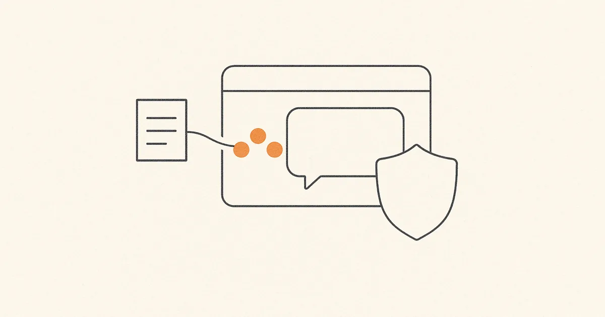 Illustration eines Chat-Fensters mit Schutzschild, in das aus einem Dokument orangefarbene Platzhalter-Punkte statt Klardaten fließen