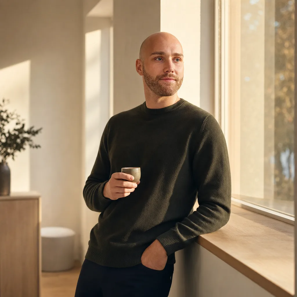 Martin Meng, Gründer von veronto, mit Espresso am Fensterbrett